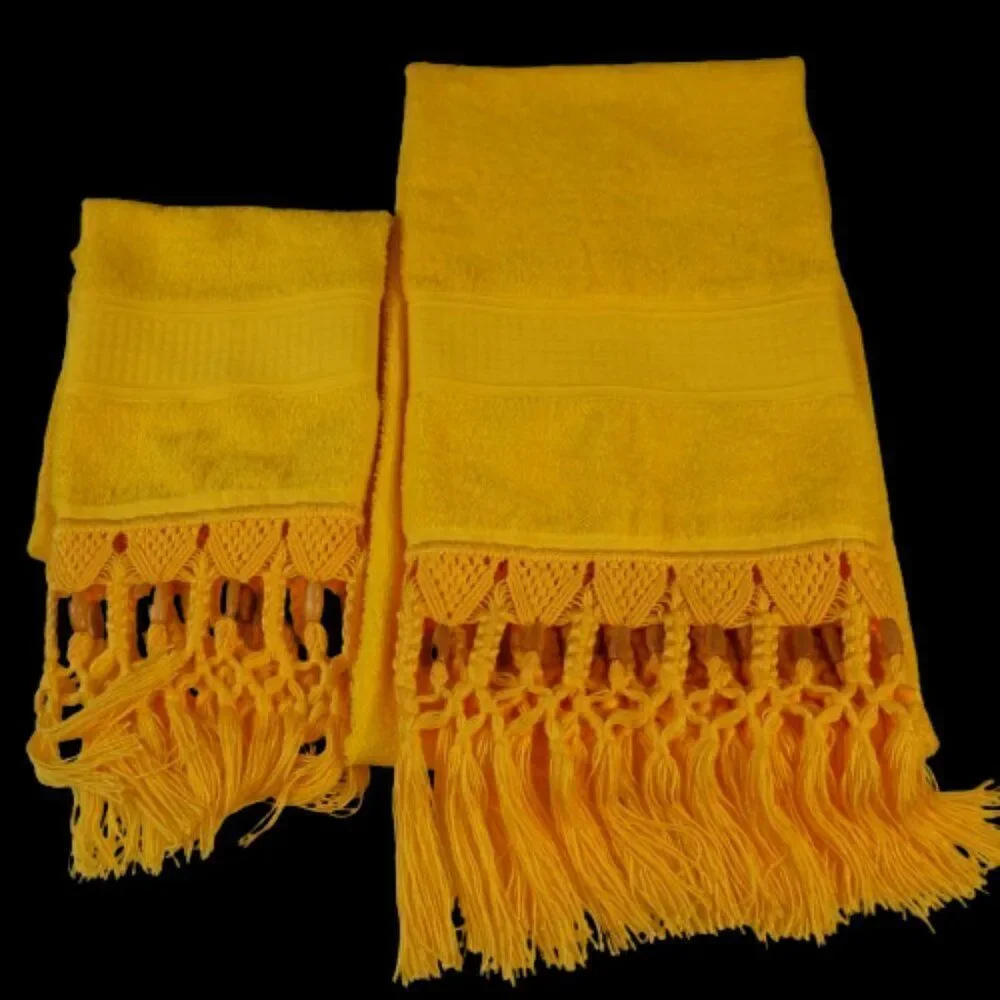 Karisma Bath Towel And Hand Towel Set Yellow Macrame Fringed Tassel Beads